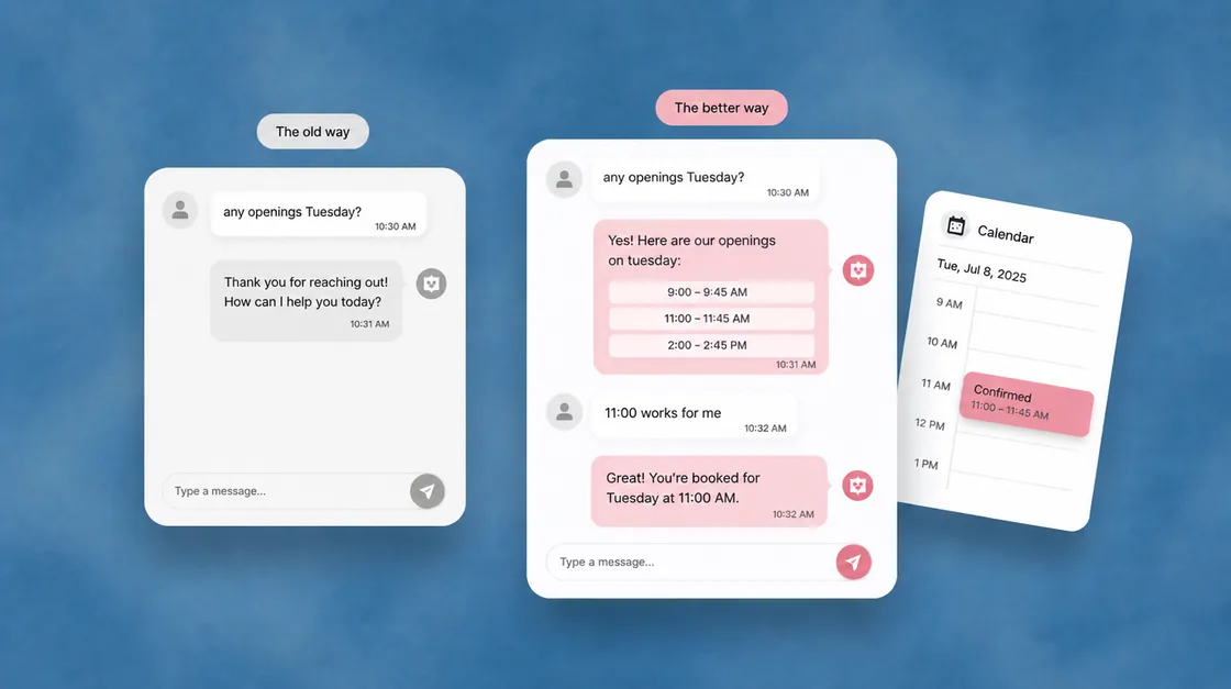 A scripted chatbot replying with a phone number beside an agent offering real time slots and confirming the booking