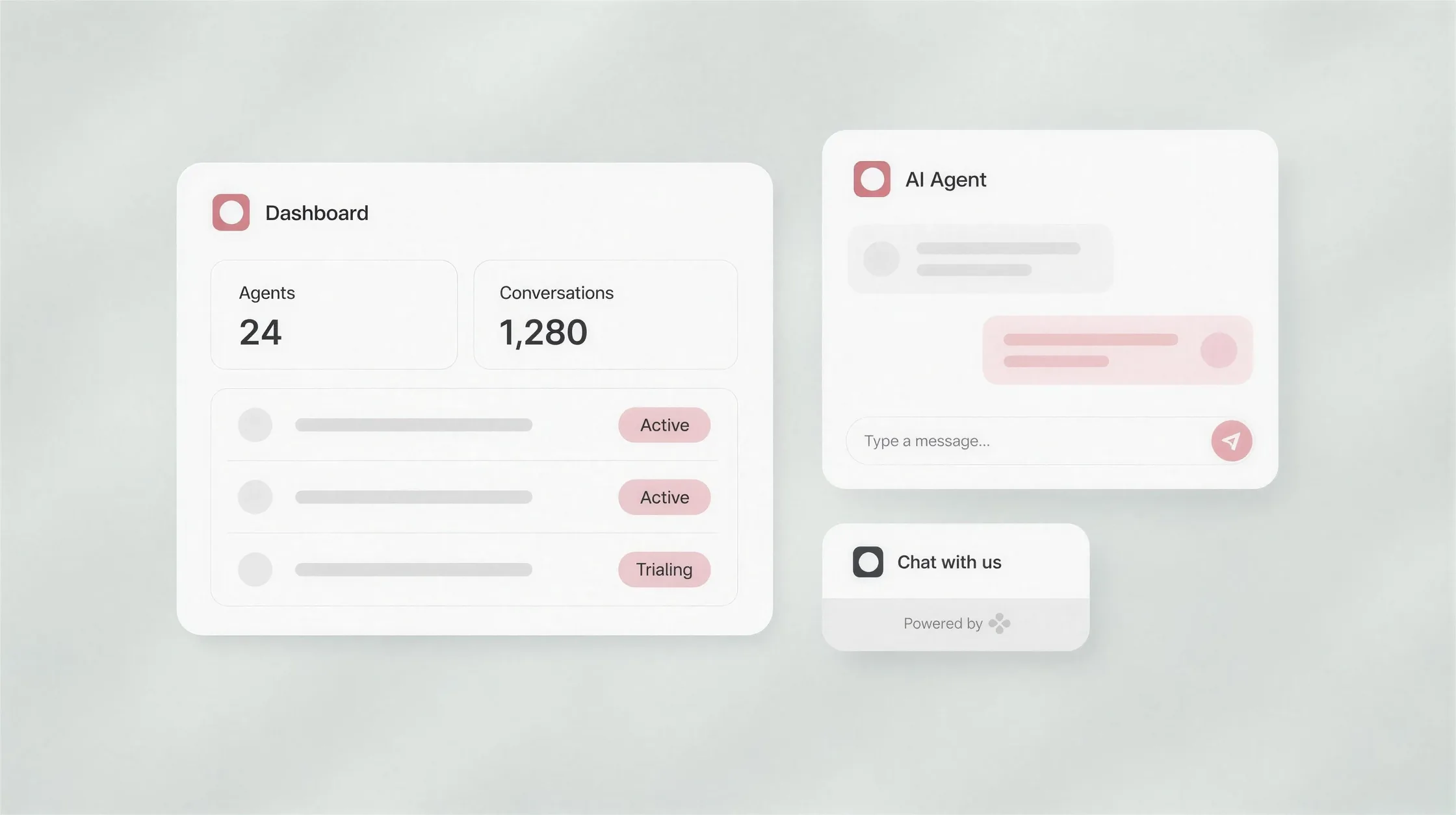 Four surfaces a vendor might brand: a powered-by badge, a chat widget, a client list dashboard and a full account portal