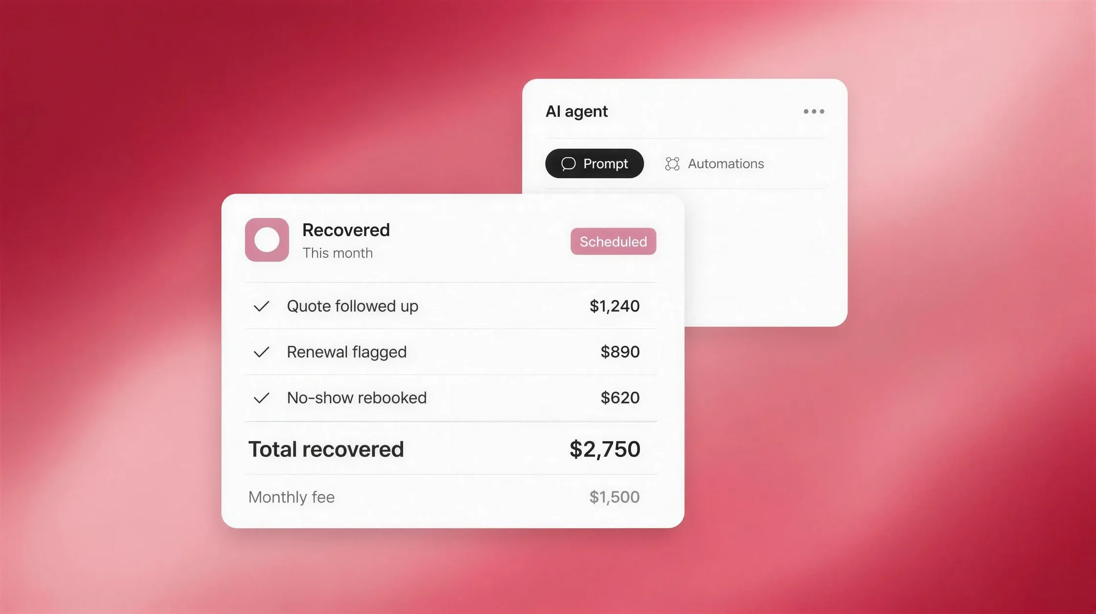 A card totalling revenue recovered by scheduled agent actions, beside an AI agent automations tab