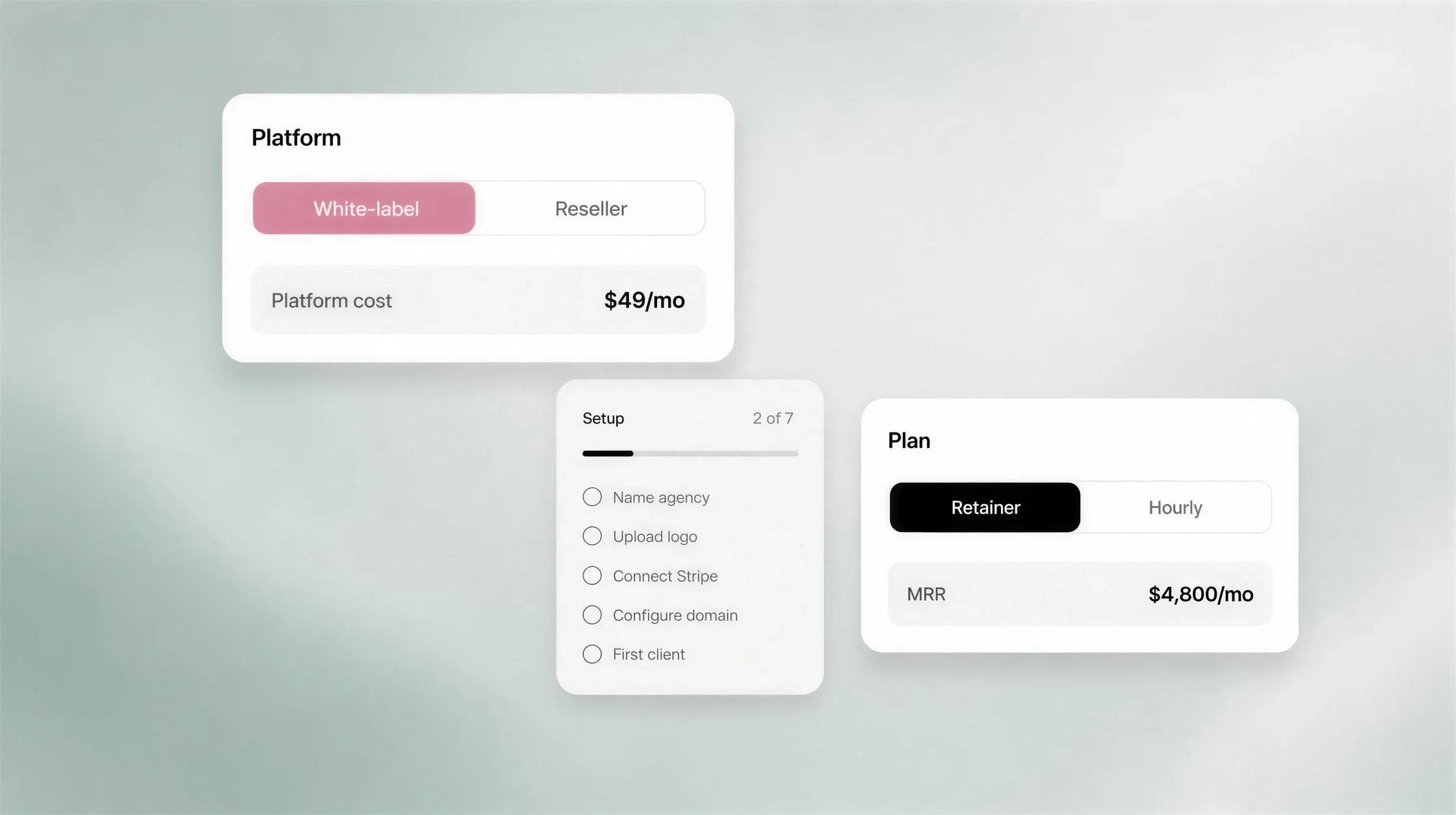 Cards for choosing a platform, a setup checklist, and a plan showing monthly recurring revenue