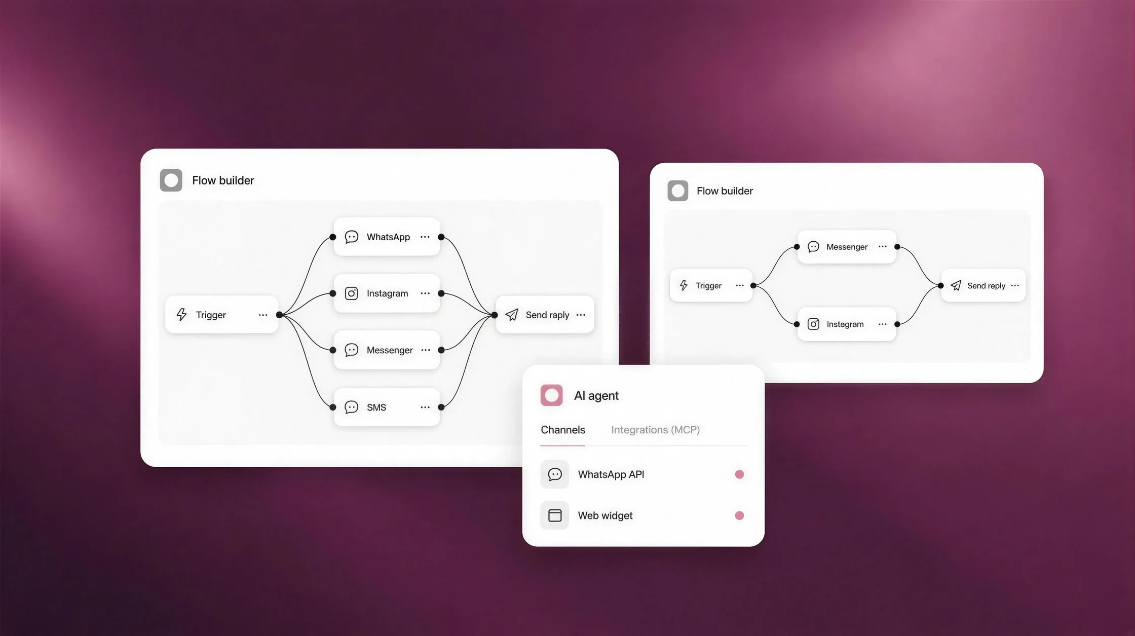 Two flow builders branching across channels, beside an AI agent card listing its channels and integrations
