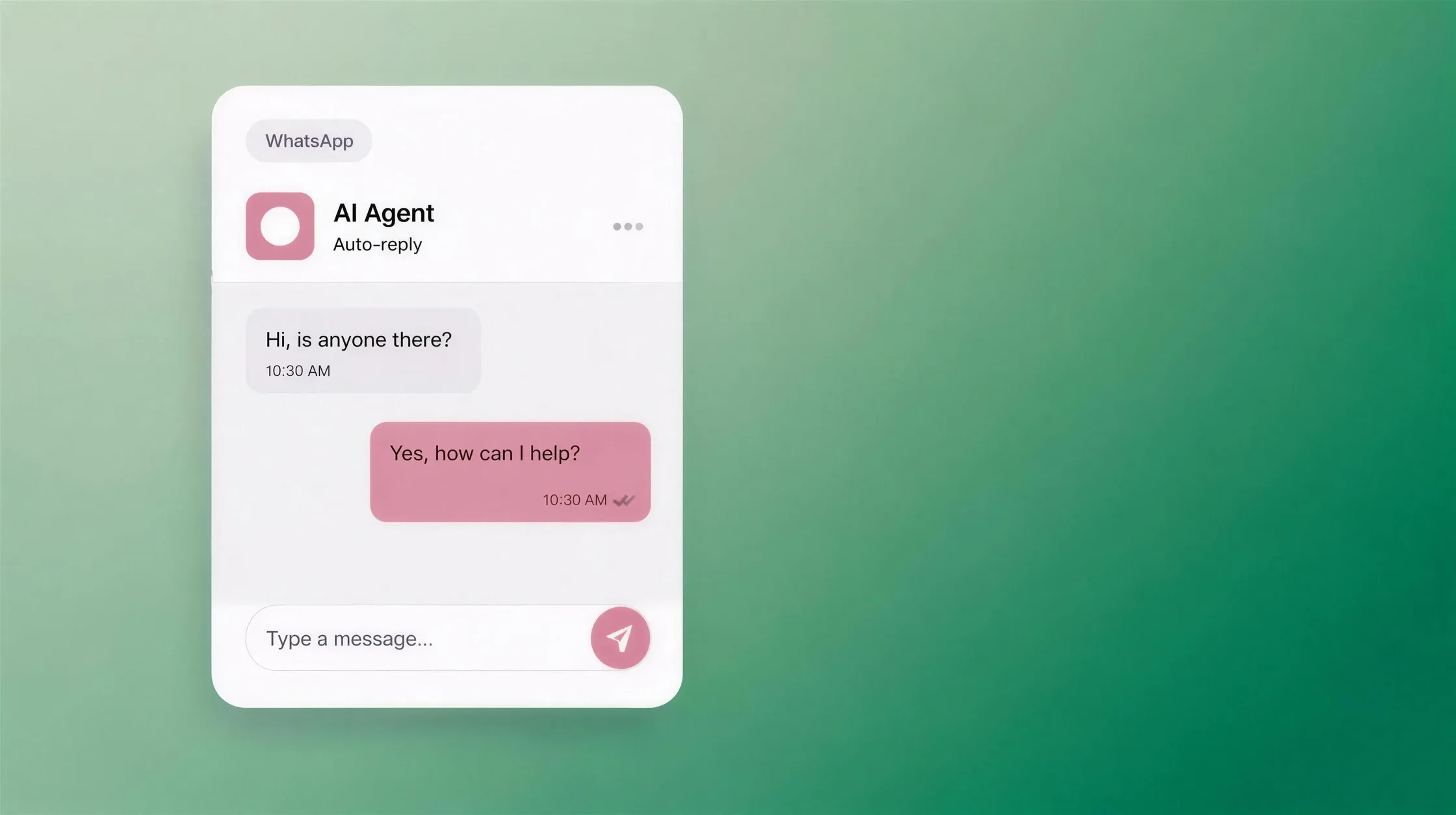 A WhatsApp chat where an AI Agent auto-replies to a customer asking if anyone is there